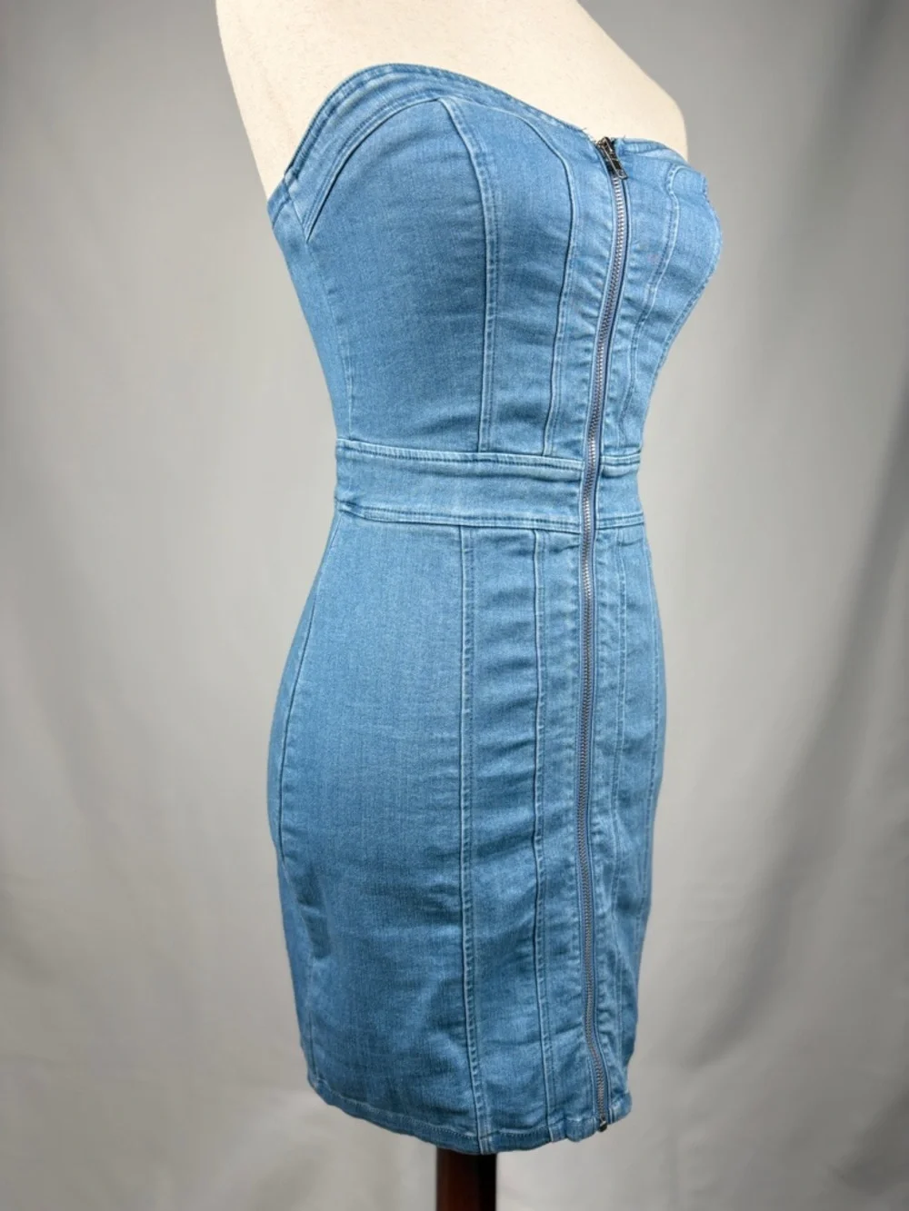 Strapless Denim Corset Mini Dress Zip Front Bodycon Small - Picture 2 of 5